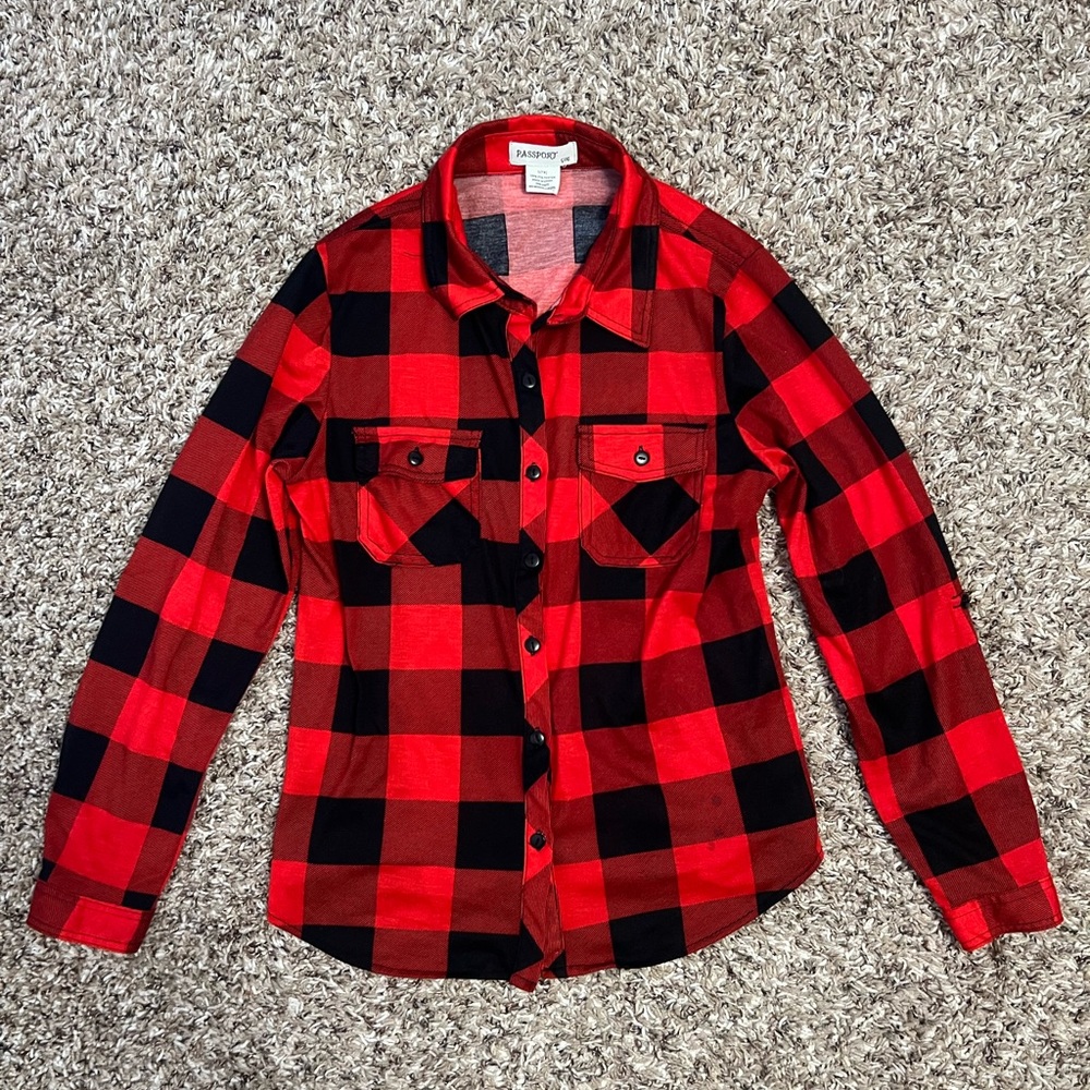 Girls red and black Plaid button down shirt Size L